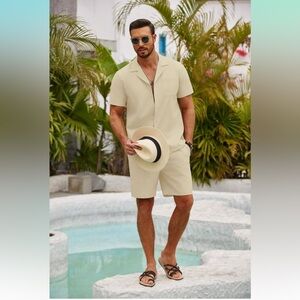 COOFANDY Men's 2 Piece Short Sleeve Button Down Shirt & Short Set!! NEW!!!☀️🏖️